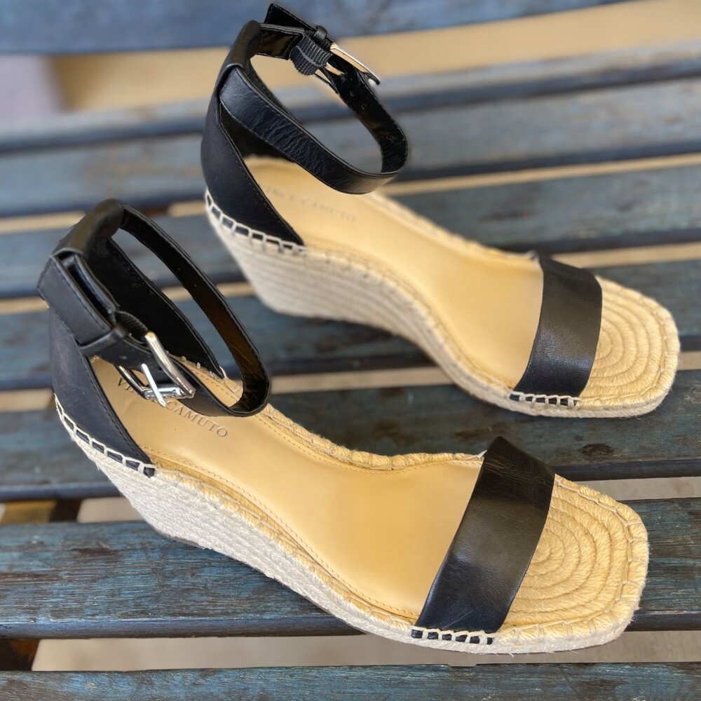 Vince Camuto Black and Tan Espadrille Wedges